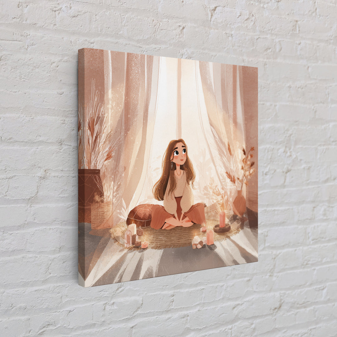 Cozy Meditation Girl With Candles Wall Art, Boho Spiritual Yoga Room Decor, Mindfulness Print, Peaceful Home Decor, Gift For Her