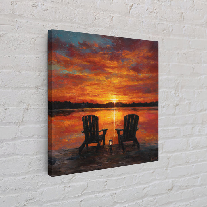Romantic Lake Sunset Chairs Wall Art For Living Room Decor, Cozy Sunset Painting Canvas Print, Peaceful Landscape Art