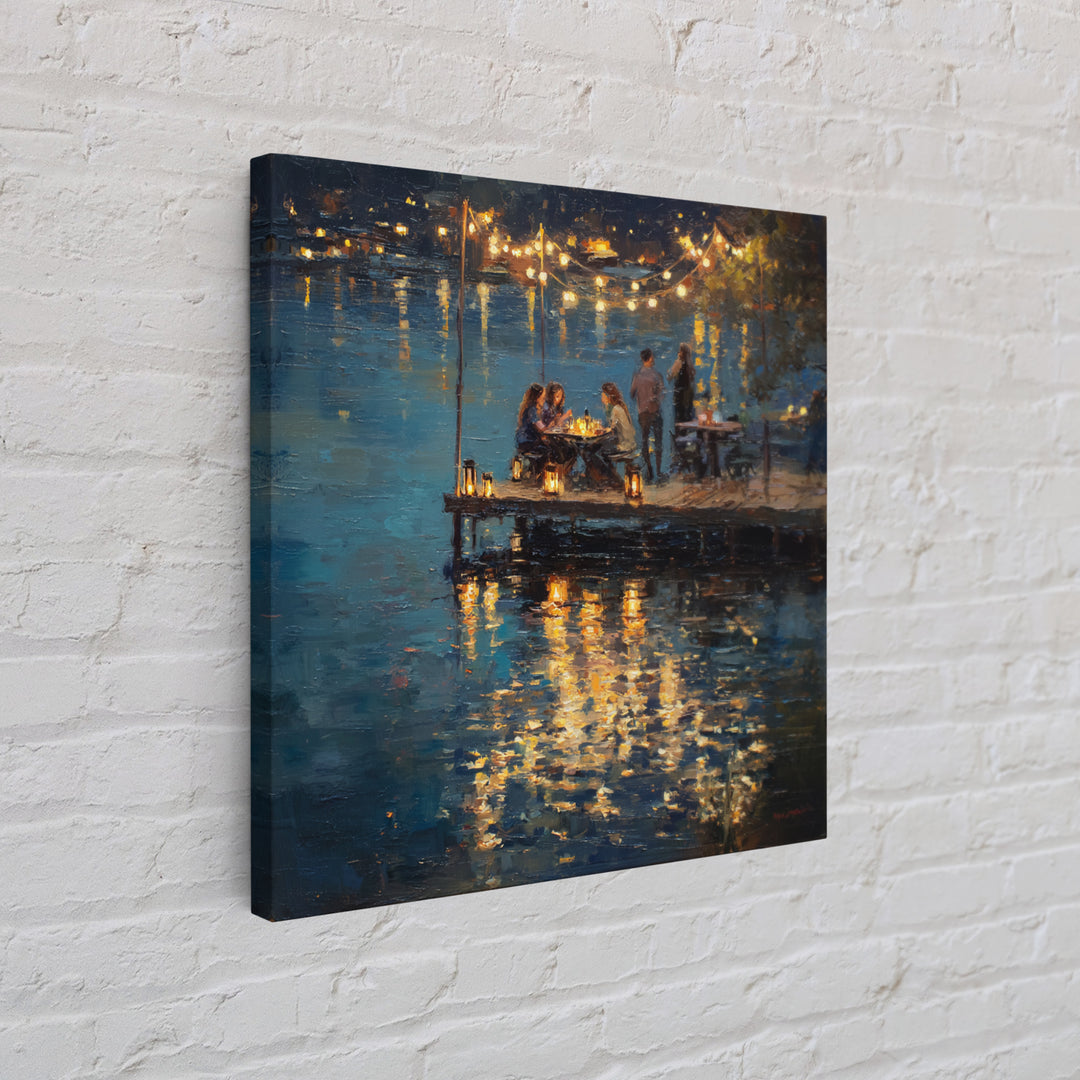 Romantic Lakeside Dinner Painting Wall Art, Warm Night Dock Scene Framed Canvas Print, Cozy Living Room And Dining Decor