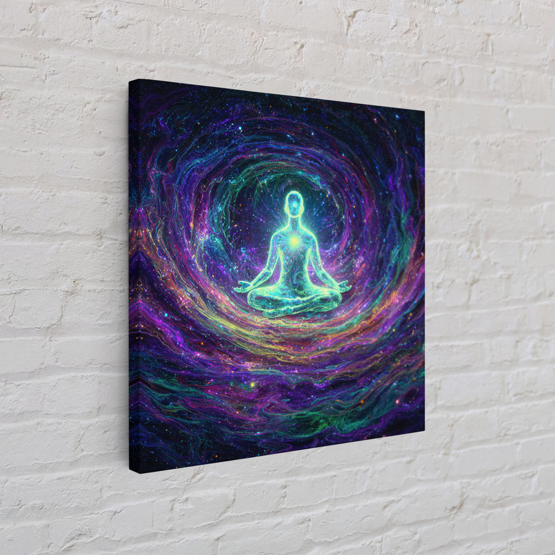 Glowing Figure Meditating In Cosmic Swirl Wall Art, Psychedelic Galaxy Canvas Print, Spiritual Mystical Home Decor