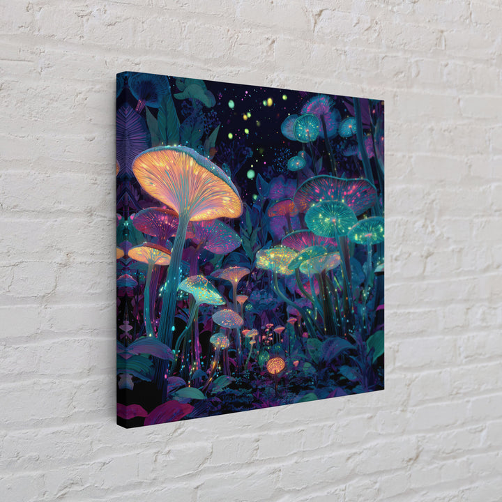 Glowing Mushrooms Fantasy Forest Wall Art, Whimsical Night Garden Painting, Colorful Nature Art Print, Magical Canvas Print