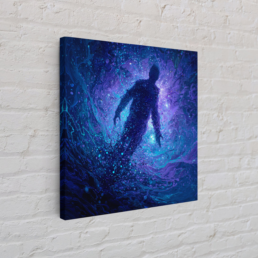 Surreal Figure Floating In Cosmic Blue Swirl Canvas Print, Abstract Space Art, Mystical Wall Art For Modern Living Room Decor