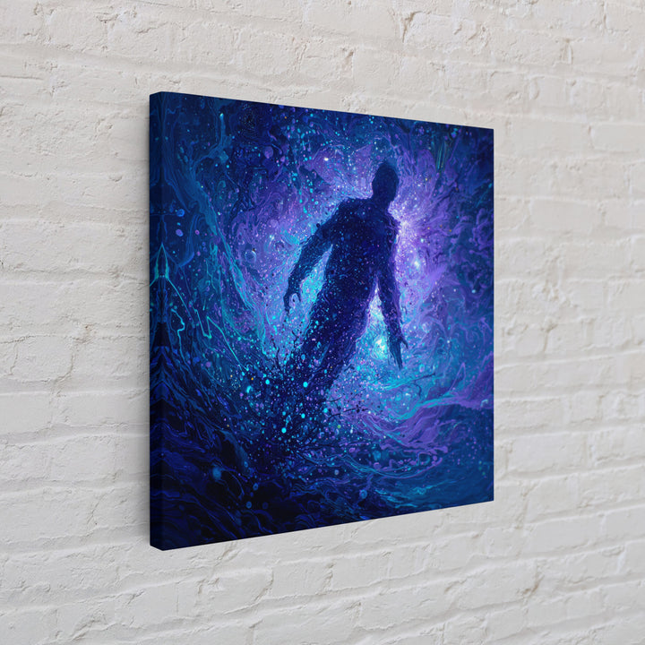 Surreal Figure Floating In Cosmic Blue Swirl Canvas Print, Abstract Space Art, Mystical Wall Art For Modern Living Room Decor