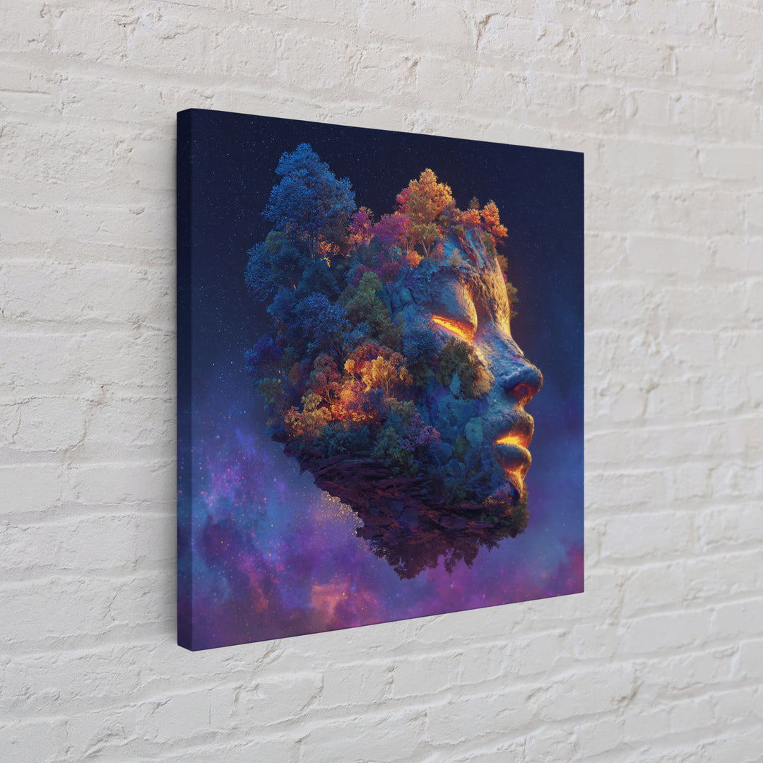 Cosmic Mother Earth Face Wall Art, Fantasy Floating Island Landscape Canvas Print, Vibrant Galaxy Home Decor