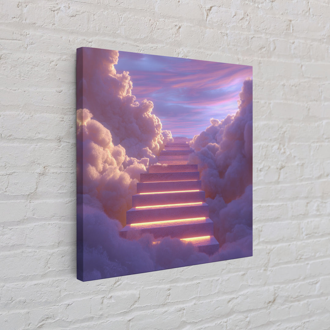 Glowing Stairway Through Pastel Clouds Wall Art, Dreamy Celestial Canvas Print, Calming Bedroom Decor For Nursery And Meditation Room