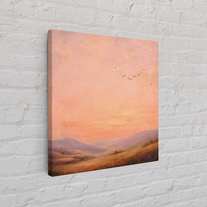 Peach Sunset Valley Landscape Wall Art, Textured Oil Painting Print, Warm Nature Decor, Large Living Room Canvas Wall Decor