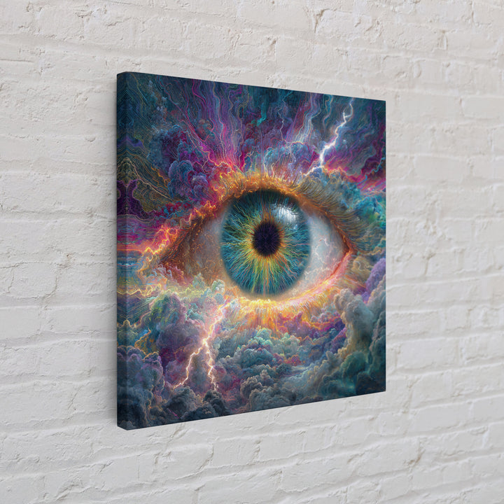 Cosmic Eye In Storm Clouds Framed Canvas Print, Surreal Celestial Wall Art, Psychedelic Visionary Decor For Office And Living Room