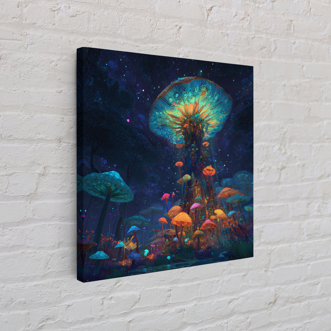 Enchanted Bioluminescent Mushroom Forest Wall Art, Vibrant Fantasy Landscape Canvas Print, Whimsical Nature Home Decor