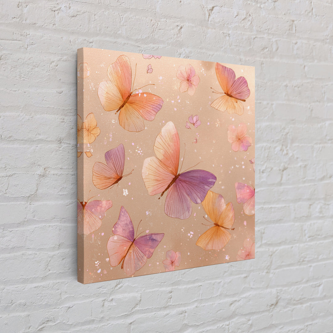 Pink Orange Butterfly Garden Wall Art, Whimsical Floral Canvas Print, Feminine Nursery Decor, Cute Girls Room Art, Gift For Her