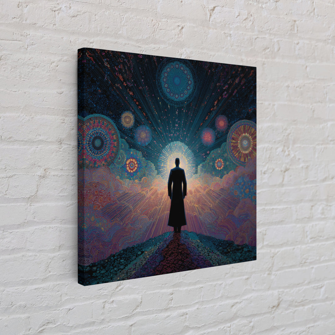 Mystical Figure Under Cosmic Sky Wall Art, Psychedelic Galaxy Path Print, Spiritual Visionary Surreal Art Canvas Print