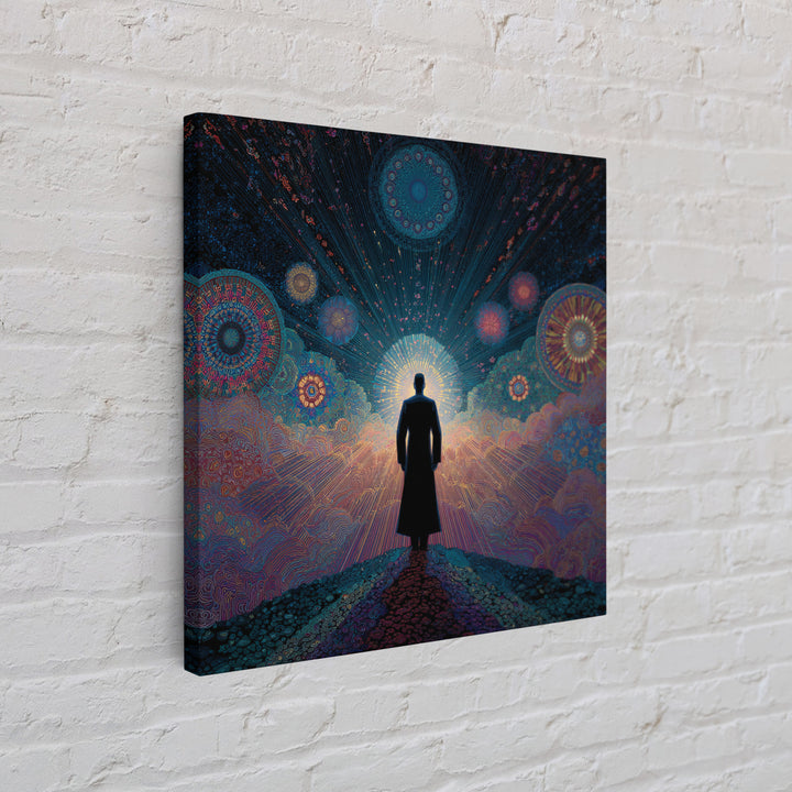 Mystical Figure Under Cosmic Sky Wall Art, Psychedelic Galaxy Path Print, Spiritual Visionary Surreal Art Canvas Print