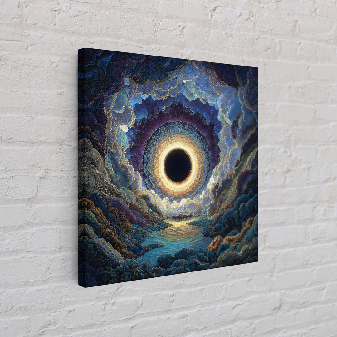 Mystic Solar Eclipse Over Blue Valley Framed Canvas Print, Celestial Landscape Wall Art, Moody Fantasy Home Decor For Bedroom