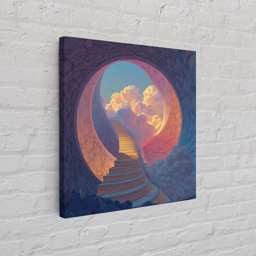 Heavenly Stairway To Clouds Wall Art, Dreamy Fantasy Landscape Canvas Print, Calming Surreal Art For Bedroom Decor