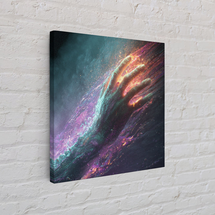 Abstract Cosmic Hand Reaching Wall Art, Surreal Galaxy Canvas Print, Modern Statement Artwork For Living Room Or Office