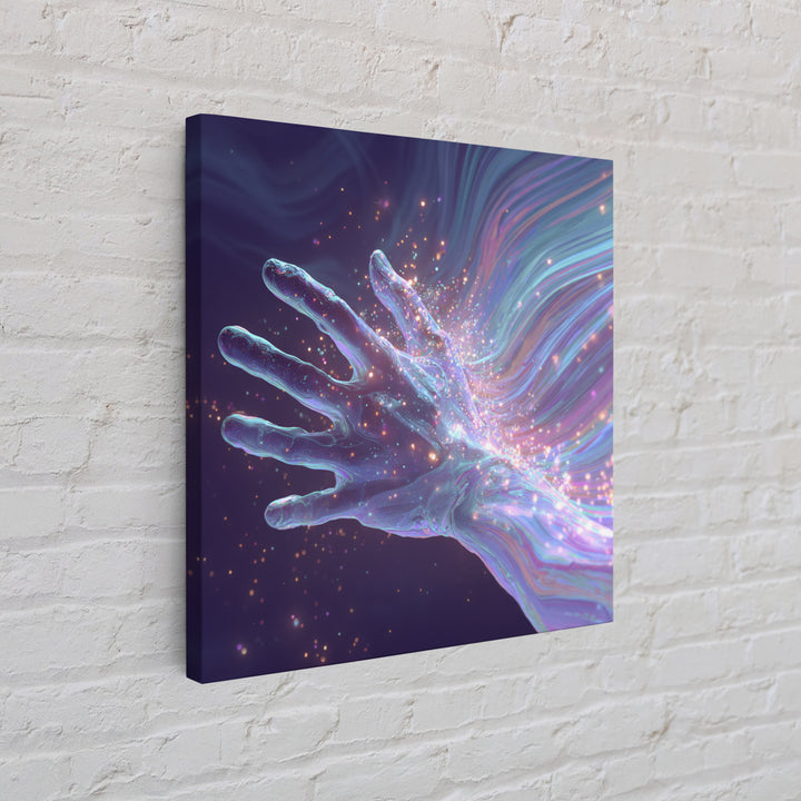 Iridescent Hand With Sparkles Surreal Wall Art, Futuristic Abstract Canvas Print For Modern Office Decor And Gamer Room