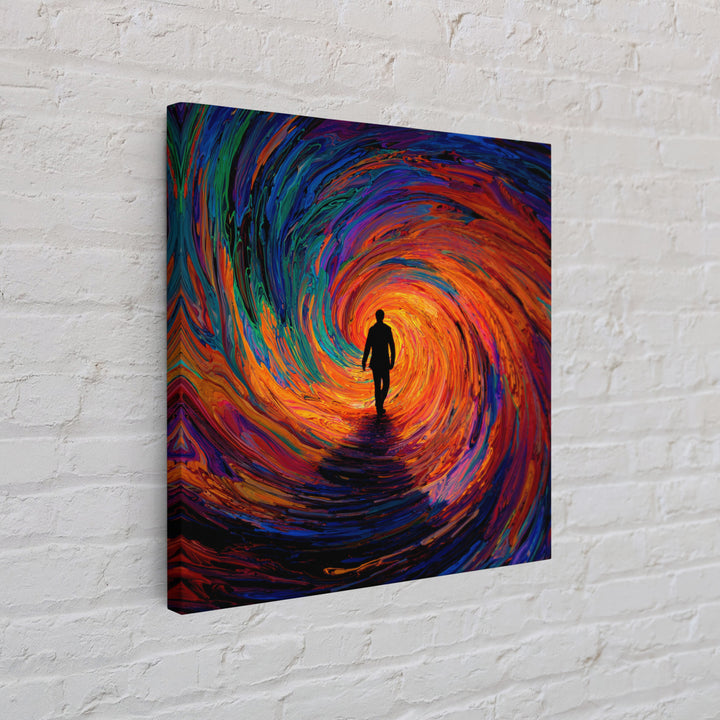 Man Walking Into Vortex Abstract Wall Art, Colorful Surreal Tunnel Painting, Modern Abstract Art Print, Statement Canvas Print