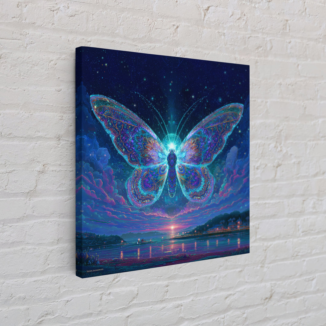 Cosmic Butterfly Over Water Wall Art, Psychedelic Celestial Canvas Print, Fantasy Night Sky Home Decor