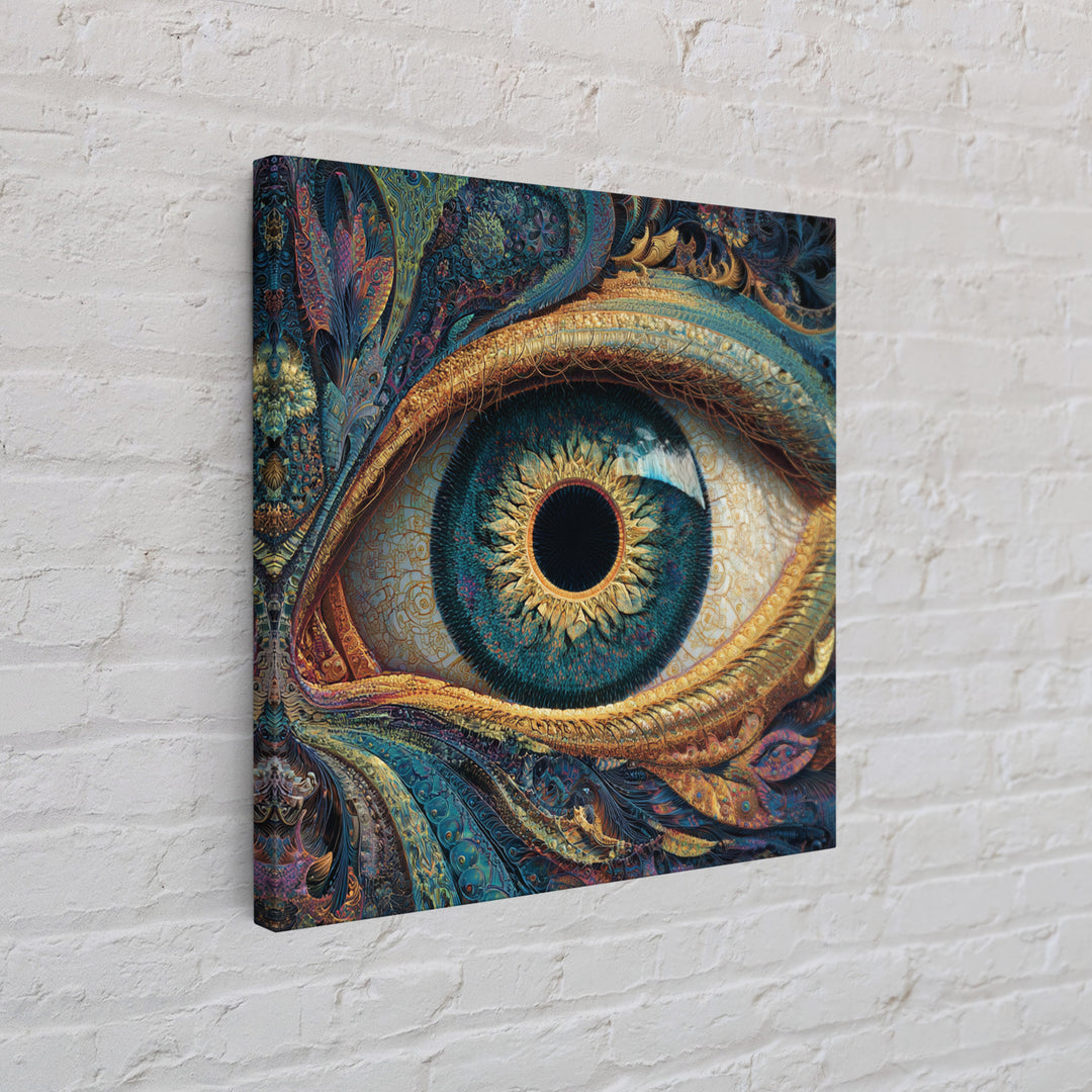 Surreal Golden Eye With Intricate Abstract Patterns Wall Art, Mystical Fantasy Canvas Print For Modern Home Decor