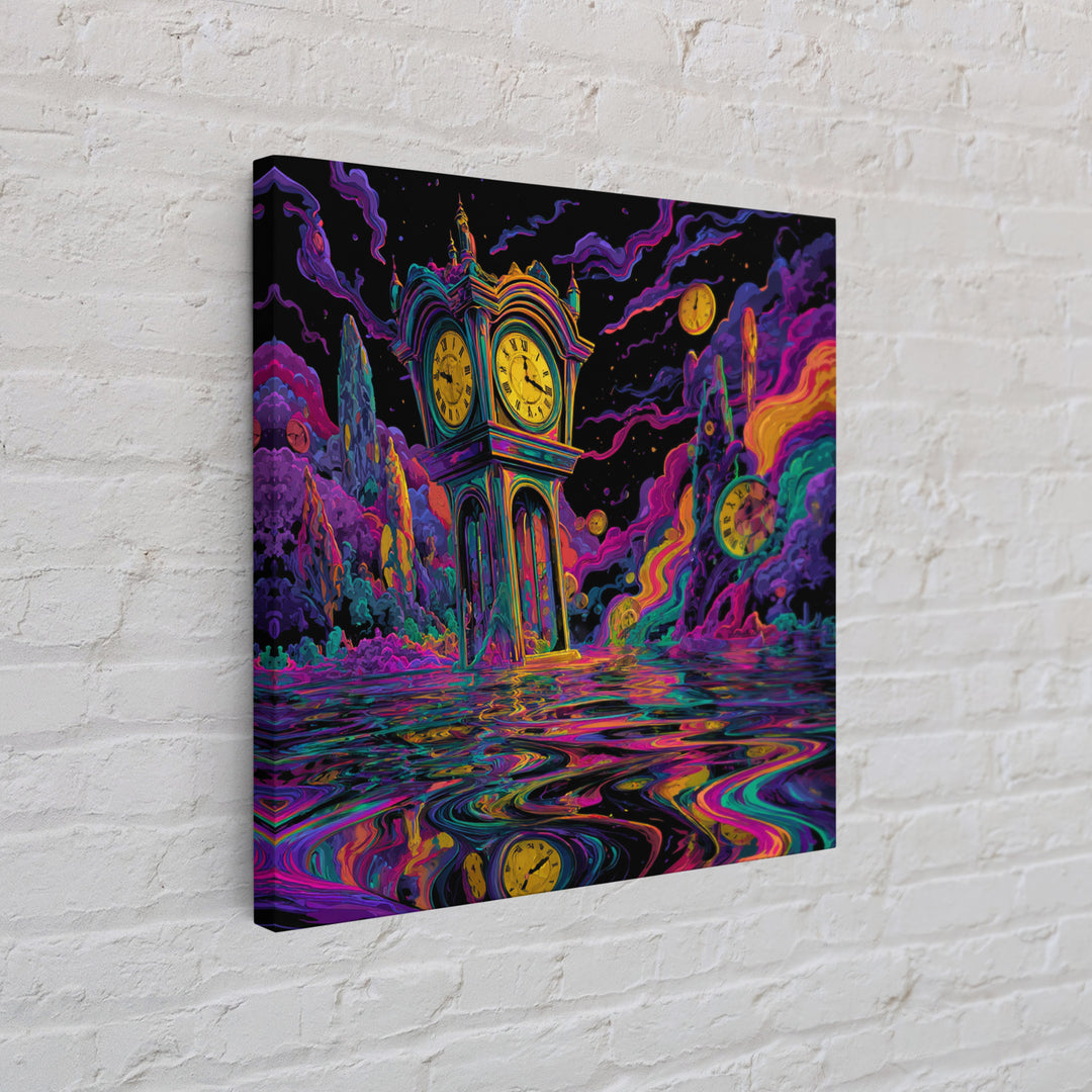 Surreal Neon Clock Dreamscape Wall Art, Psychedelic Abstract Landscape Canvas Print, Colorful Trippy Home Decor