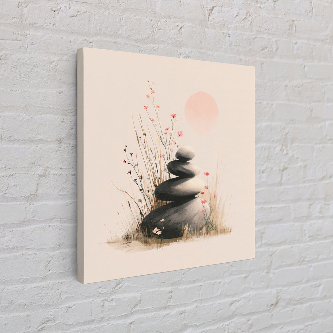 Zen Stacked Stones And Wildflowers Wall Art, Minimalist Meditation Canvas Print, Japandi Spa Decor, Calming Gift For Her
