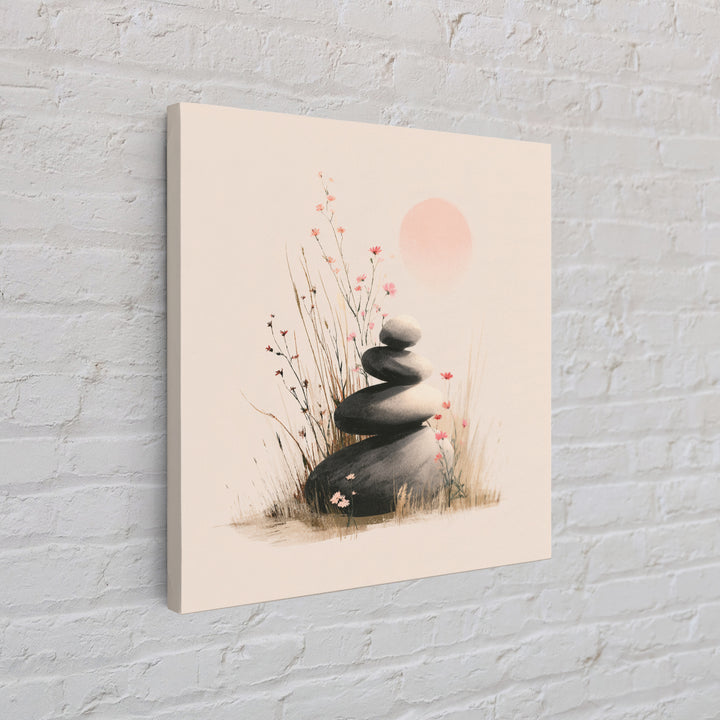 Zen Stacked Stones And Wildflowers Wall Art, Minimalist Meditation Canvas Print, Japandi Spa Decor, Calming Gift For Her