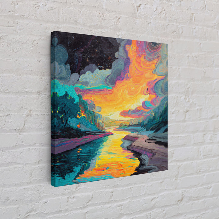 Psychedelic River Sunset Wall Art, Colorful Abstract Landscape Painting, Modern Boho Home Decor, Living Room Canvas Print