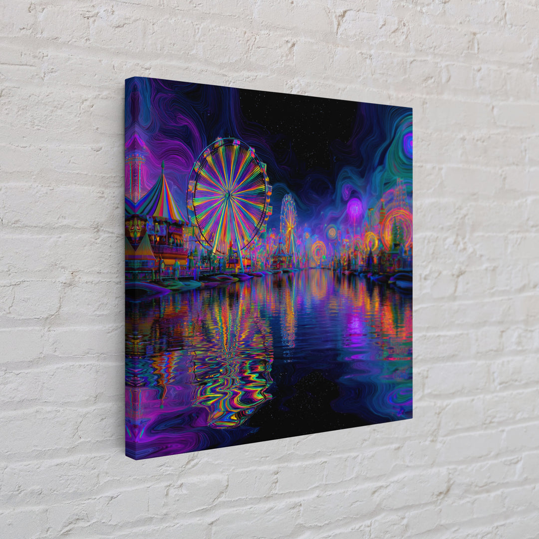 Neon Carnival At Night Abstract Wall Art, Psychedelic Ferris Wheel Canvas Print, Colorful Dopamine Decor Gaming Room Art