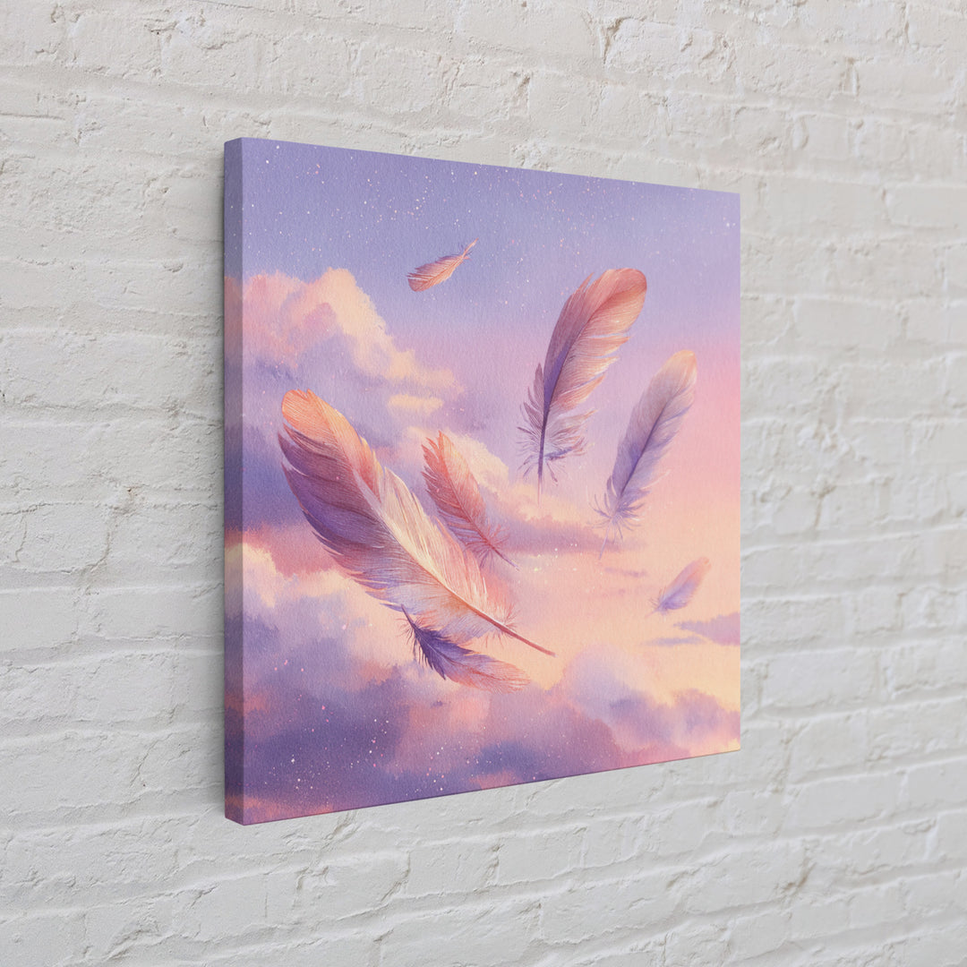 Floating Pink Feathers Wall Art, Dreamy Celestial Canvas Print, Pastel Cloud Decor, Whimsical Nursery Bedroom Gift For Her