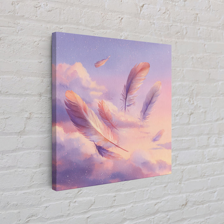 Floating Pink Feathers Wall Art, Dreamy Celestial Canvas Print, Pastel Cloud Decor, Whimsical Nursery Bedroom Gift For Her