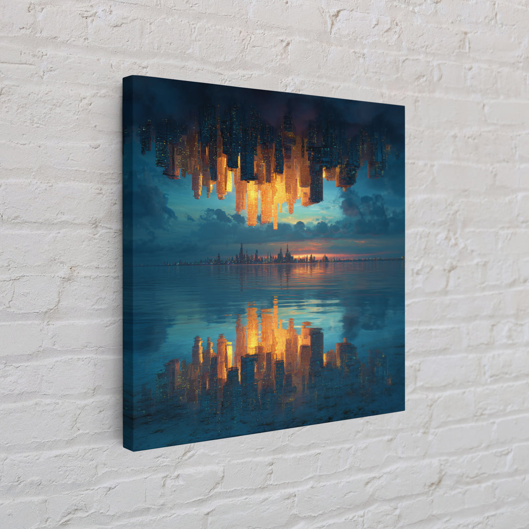 Upside Down Skyline Reflected On Water Wall Art, Surreal Cityscape Canvas Print, Modern Urban Decor For Living Room And Office