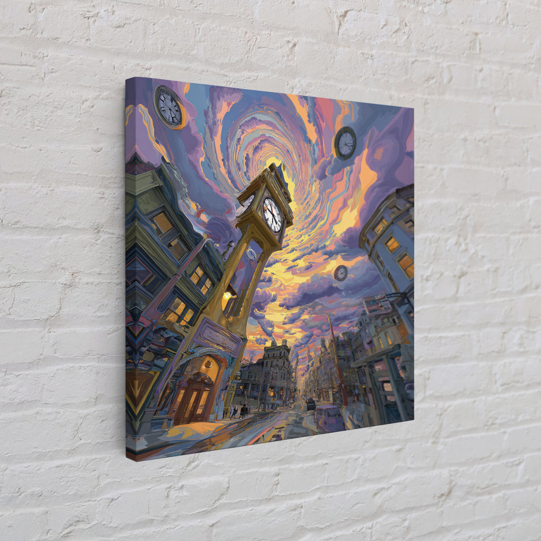 Surreal Cityscape With Clock Tower And Swirling Sky At Sunset Wall Art Framed Canvas Print For Home Decor
