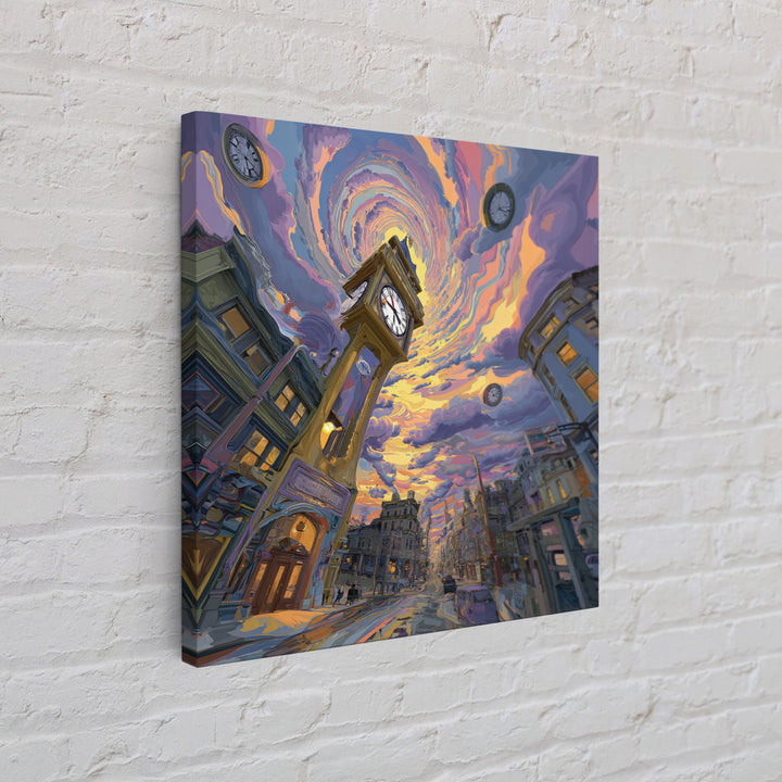 Surreal Cityscape With Clock Tower And Swirling Sky At Sunset Wall Art Framed Canvas Print For Home Decor