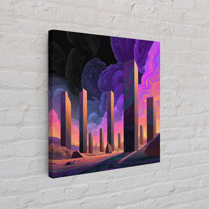 Neon Desert Monoliths Under Purple Sky Canvas Print, Futuristic Landscape Wall Art, Sci Fi Abstract Decor For Modern Home