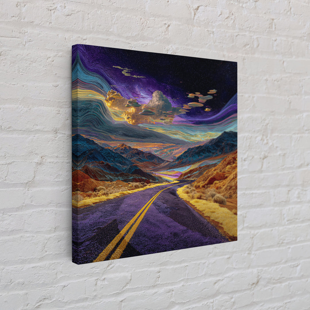 Cosmic Desert Highway Under Swirling Galaxy Sky Wall Art, Surreal Colorful Landscape Canvas Print, Modern Decor