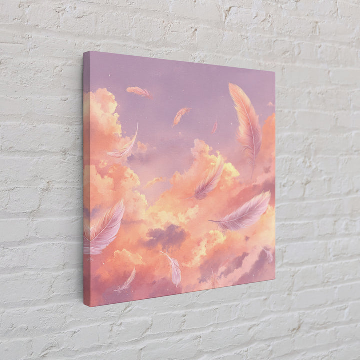 Pink Feather Sky Canvas Print, Dreamy Cloud Wall Decor, Celestial Nursery Art, Soft Pastel Bedroom Decor Gift For Her Art Print