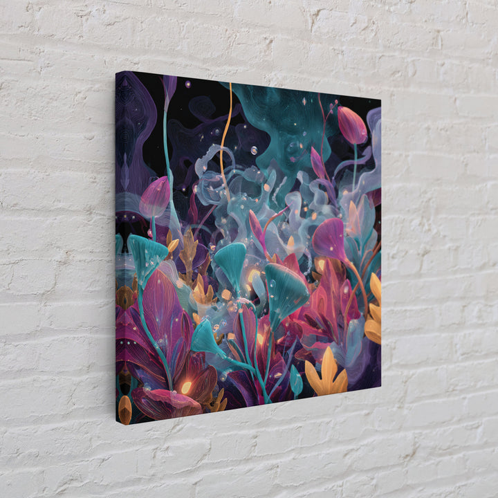 Glowing Alien Garden With Teal And Magenta Flowers Canvas Print, Psychedelic Botanical Wall Art, Whimsical Room Decor Gift