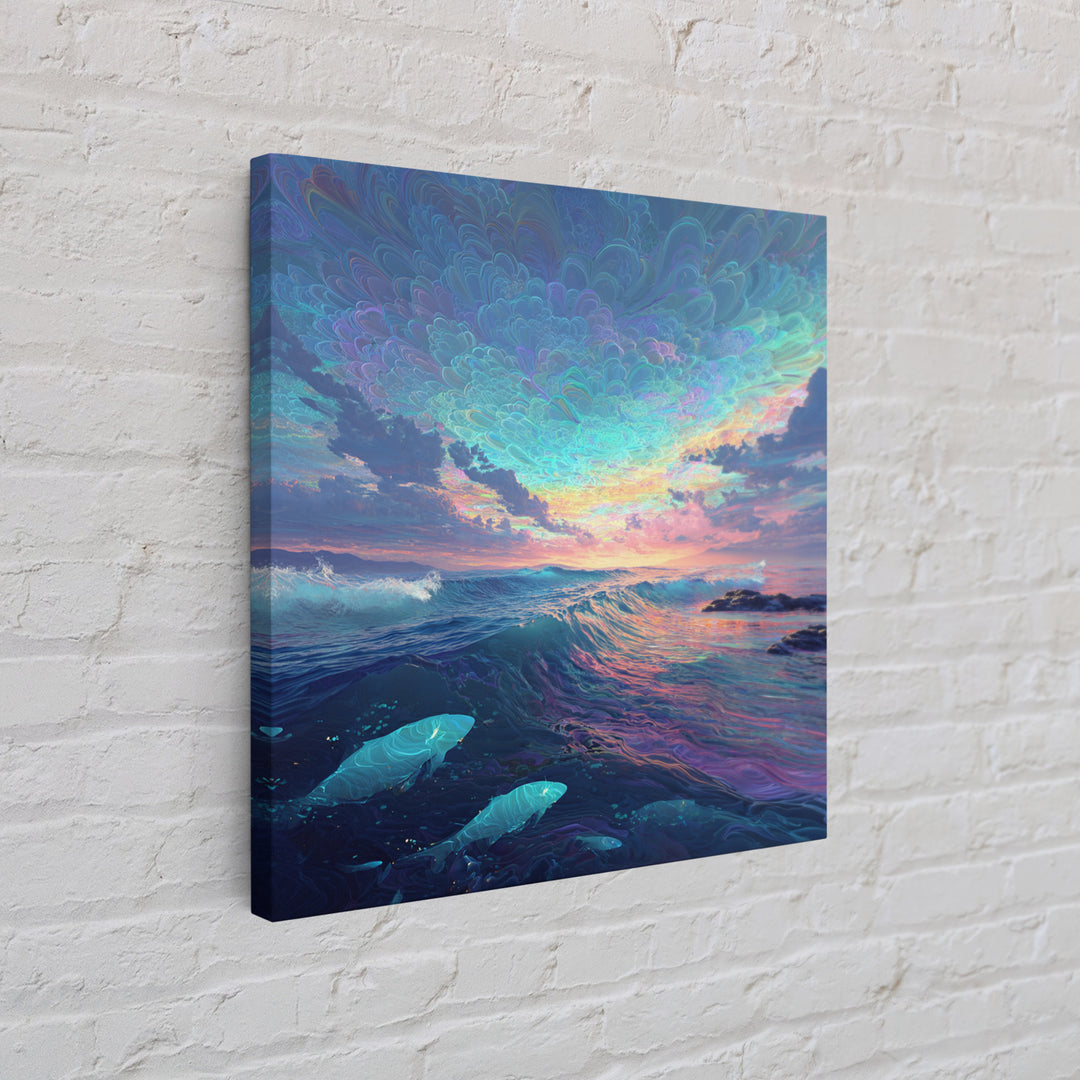 Dreamy Ocean Wave Sunset Wall Art Canvas Print, Colorful Seascape Painting, Modern Coastal Decor, Beach House Wall Art