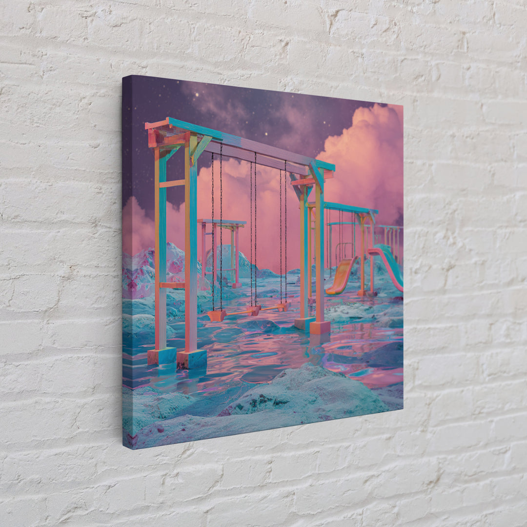 Surreal Neon Playground Landscape Wall Art, Dreamy Fantasy Seascape Canvas Print, Modern Home Decor, Statement Artwork
