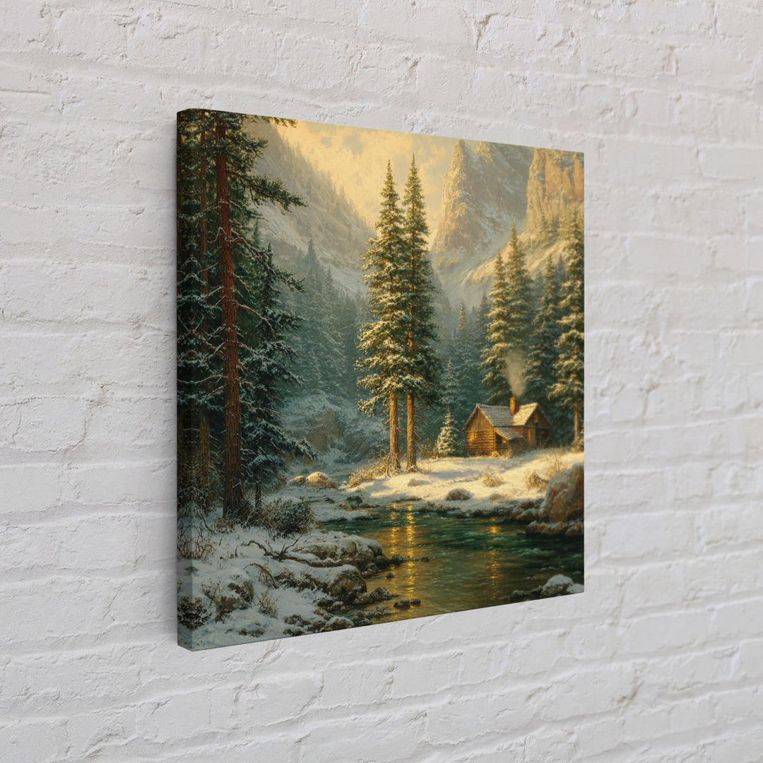 Cozy Winter Cabin By River Landscape Wall Art, Snowy Mountain Sunset Canvas Print, Rustic Farmhouse Decor Living Room Art