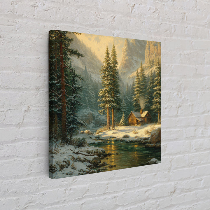 Cozy Winter Cabin By River Landscape Wall Art, Snowy Mountain Sunset Canvas Print, Rustic Farmhouse Decor Living Room Art