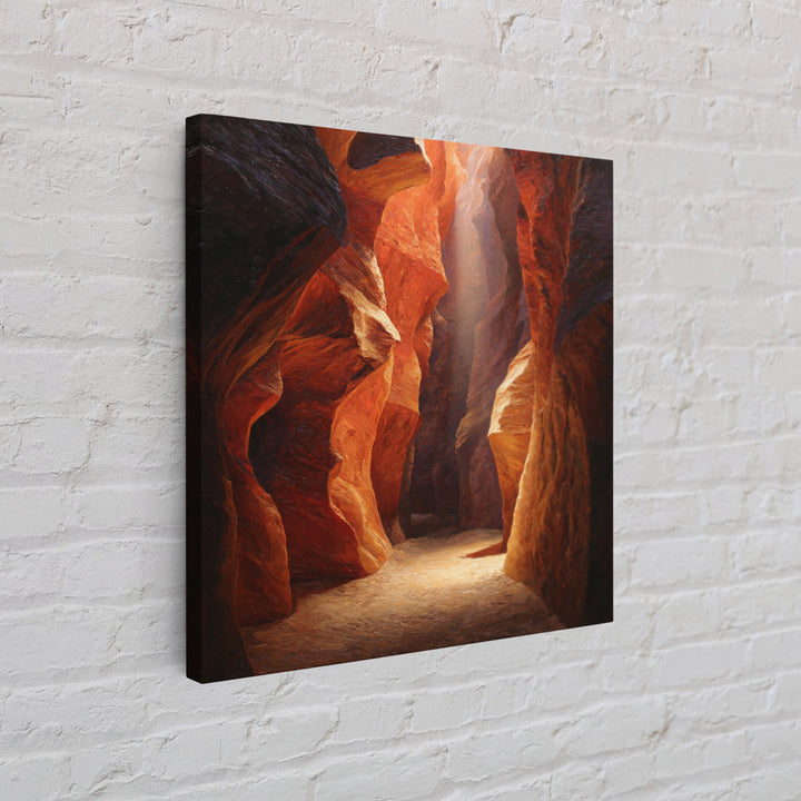 Sunlit Slot Canyon Textured Wall Art, Dramatic Red Rock Landscape Canvas Print, Vertical Desert Painting For Entryway Or Living Room Decor
