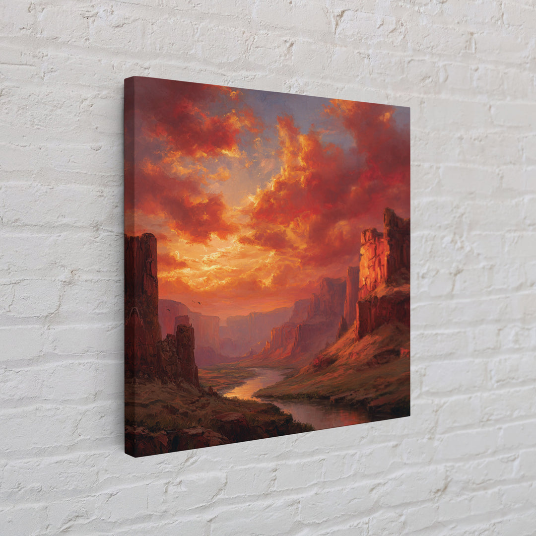 Majestic Canyon River Landscape At Sunset Wall Art Oil Painting Framed Canvas Print Rustic Home Decor
