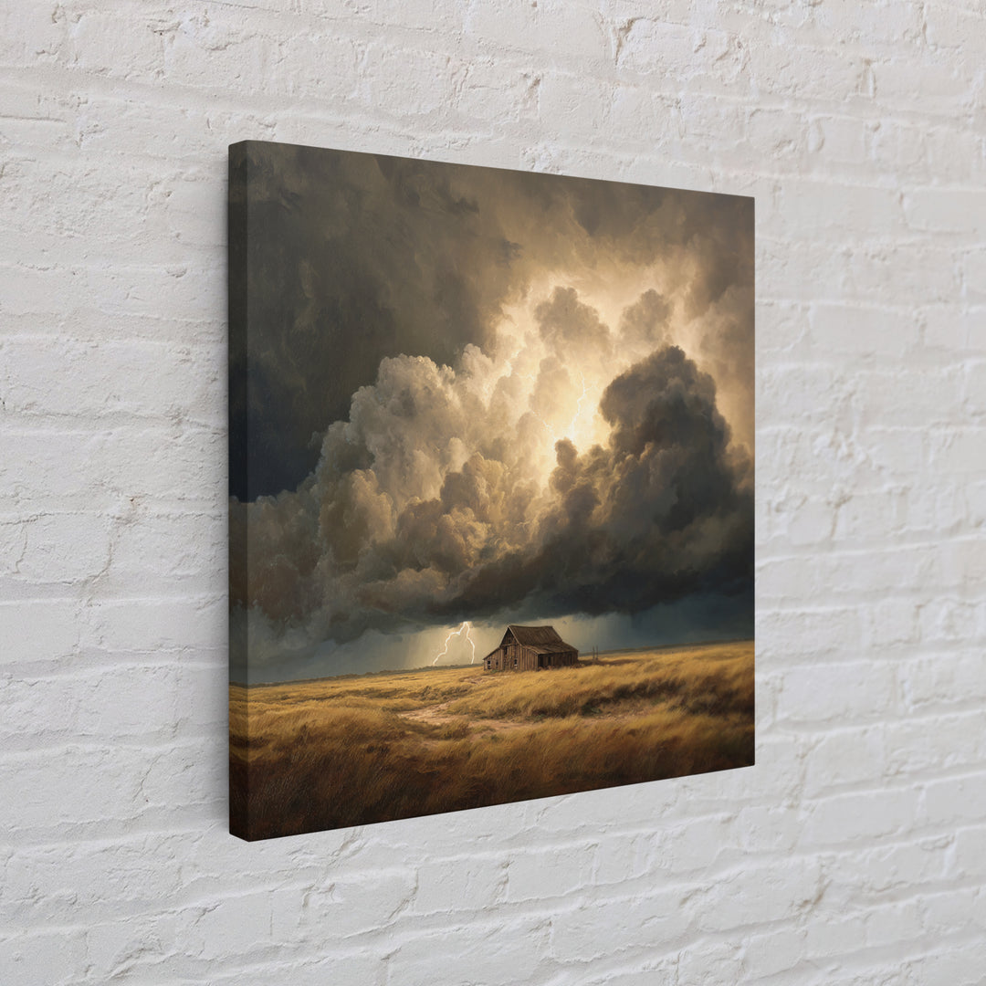 Stormy Sky Over Rustic Barn Landscape Painting Wall Art, Dramatic Lightning Cloud Print, Country Farmhouse Rustic Decor