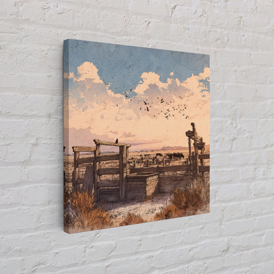 Western Ranch At Sunset Wall Art, Rustic Cowboy Landscape Canvas Print, Desert Farmhouse Decor For Living Room Or Office