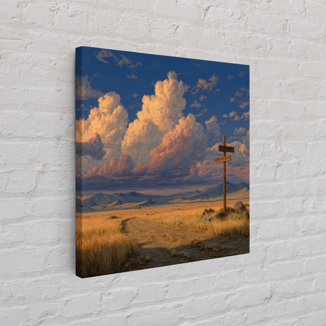 Golden Prairie Road At Crossroads Landscape Wall Art For Rustic Home Decor, Western Country Living Room Canvas Print