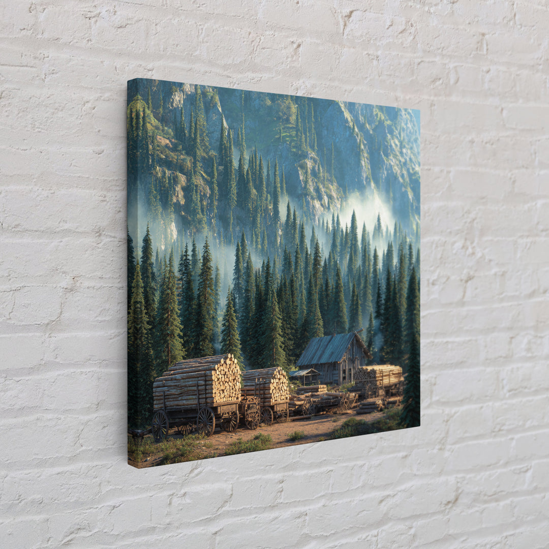 Cozy Cabin In Misty Pine Forest Wall Art, Rustic Mountain Landscape Canvas Print, Farmhouse Country Home Decor