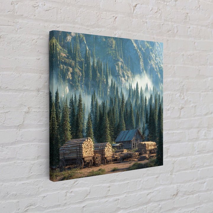 Cozy Cabin In Misty Pine Forest Wall Art, Rustic Mountain Landscape Canvas Print, Farmhouse Country Home Decor