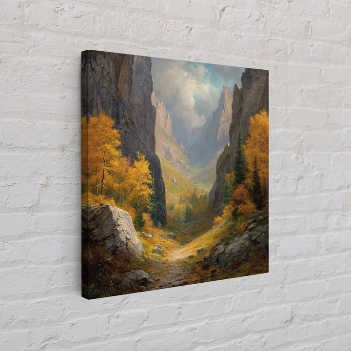Golden Autumn Mountain Valley Path Landscape Wall Art, Cozy Fall Forest Canyon Living Room Canvas Print
