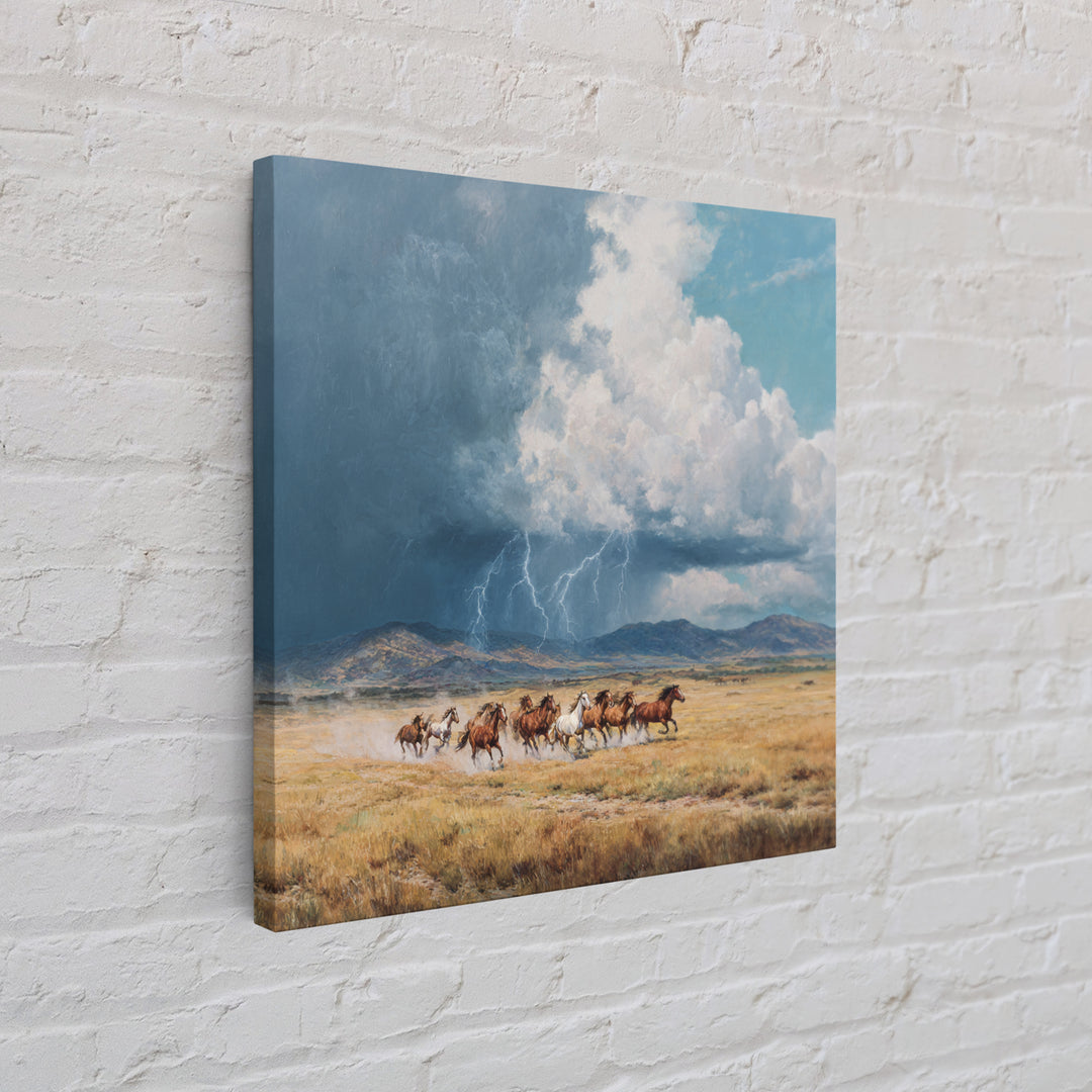 Wild Horses Running Under Stormy Sky Landscape Wall Art Canvas Print Western Country Decor Large Landscape Painting