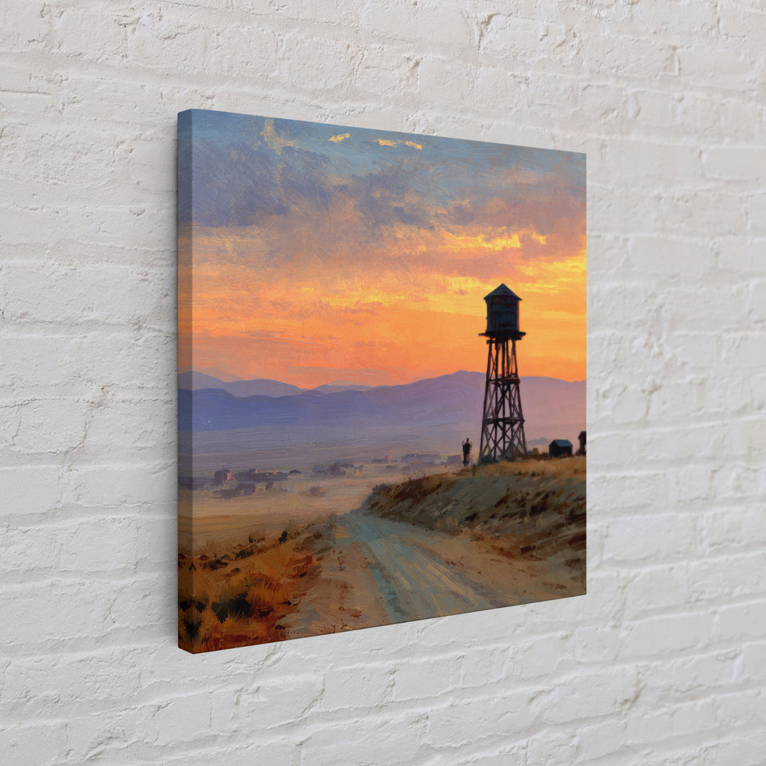 Western Sunset Water Tower Landscape Wall Art, Cowboy Desert Road Canvas Print, Rustic Country Home Decor For Living Room Or Office